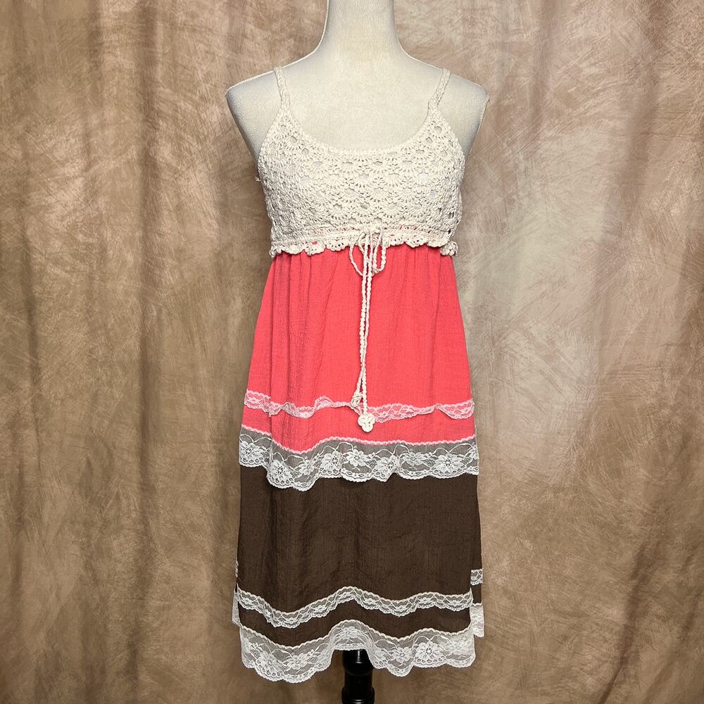 Vintage Y2K Crochet Color Block Tiered Mini Dress Lace Trim Summer Beach Indie